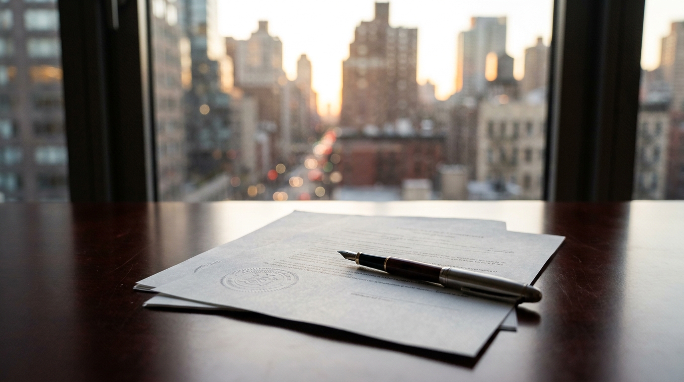 Stack of New York business formation documents and a pen on a desk, with a soft-focus view of the New York City skyline.