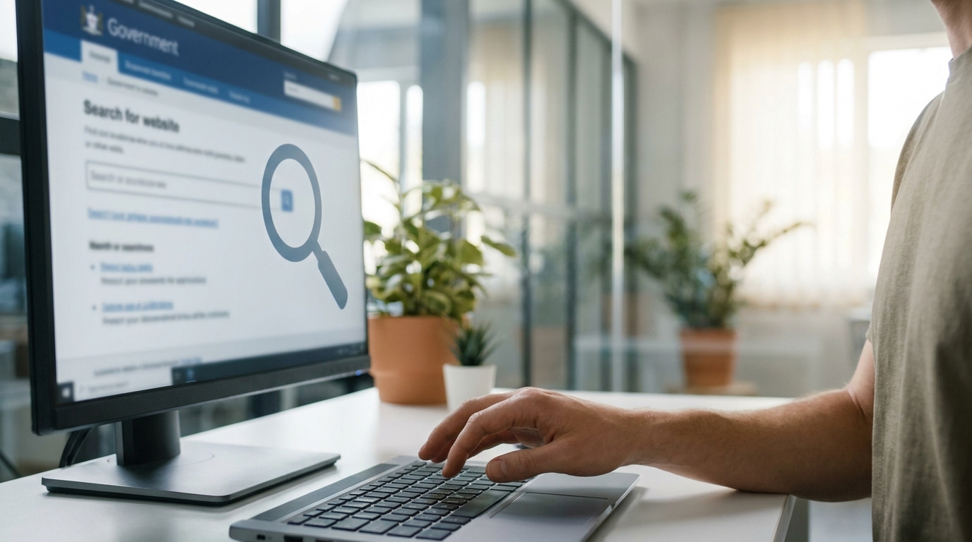 A person's hand poised over a keyboard, with a blurred computer screen in the background showing a search bar on a government website, symbolizing a New York Department of State corporation search.