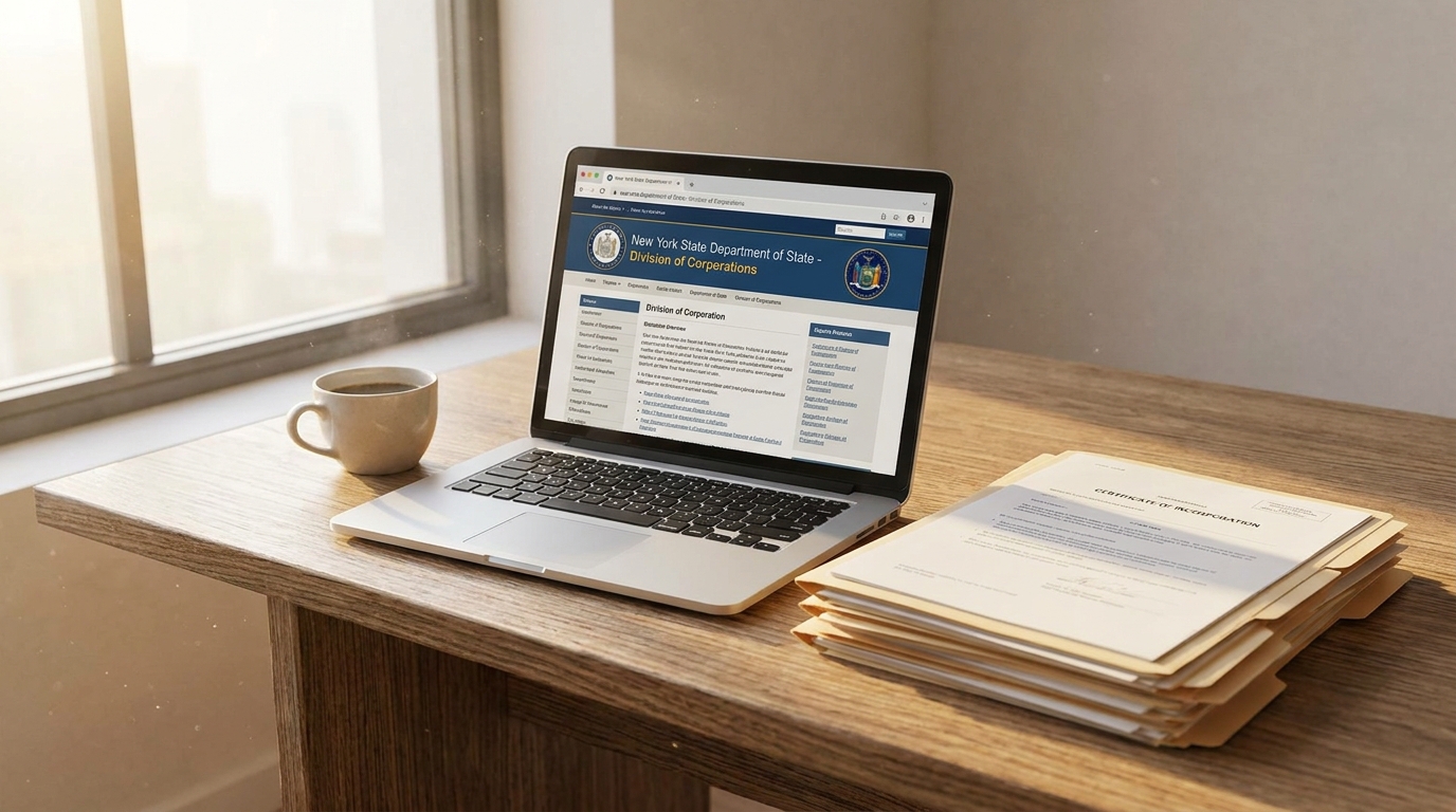 A laptop screen showing the New York State Department of State website for business filings, with legal documents and a coffee cup on a modern desk.