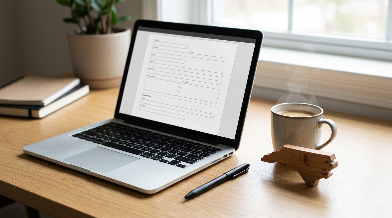 A laptop screen showing a North Carolina business filing form, a pen, and a coffee mug on a wooden desk, symbolizing business compliance.