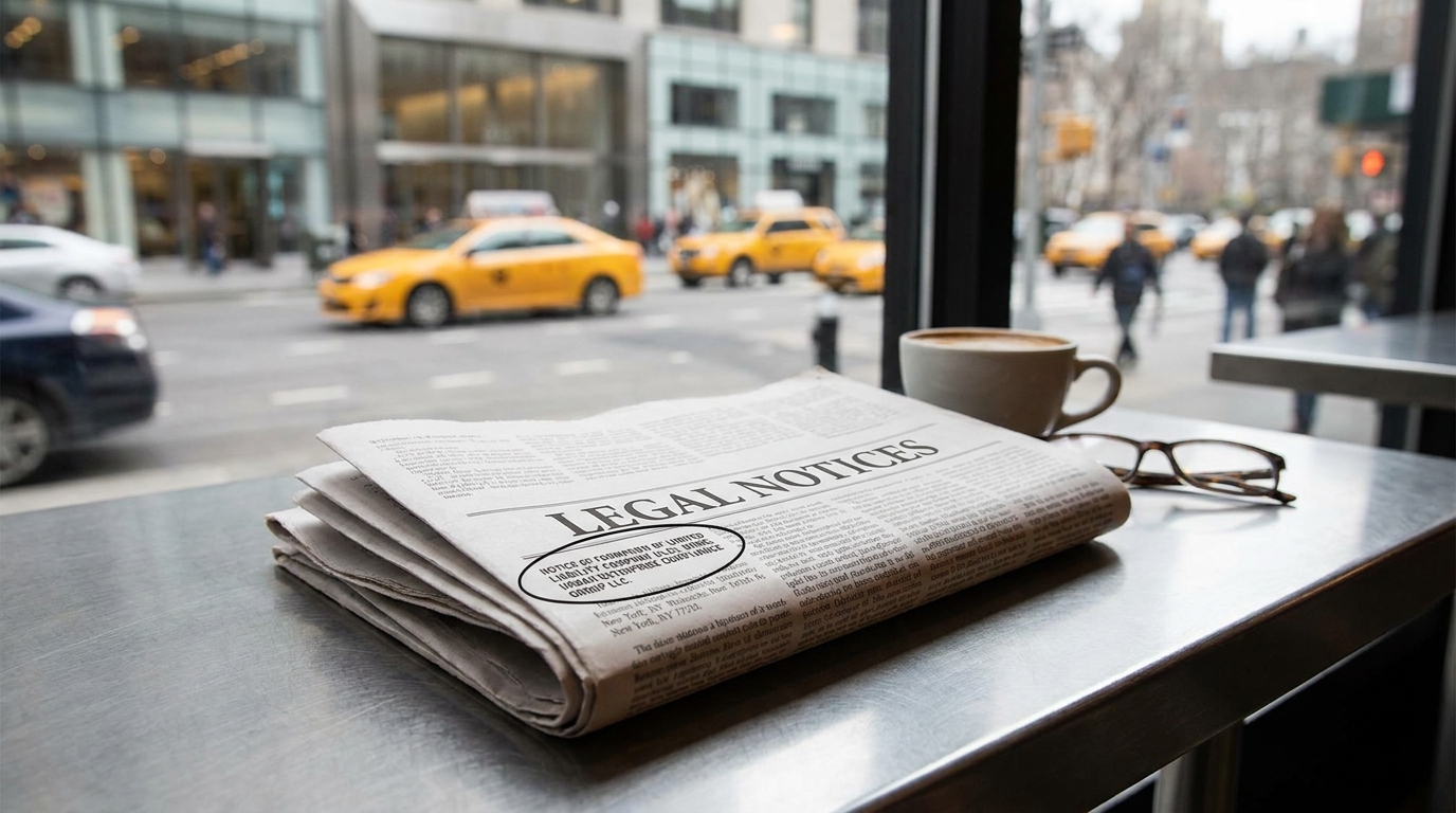Close-up of a legal newspaper open to a section detailing business notices, with a bustling New York City street blurred in the background, signifying legal compliance for businesses.