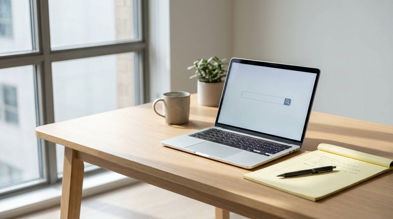 Laptop displaying New York Department of State search, legal pad, and pen on a modern desk, symbolizing business research.