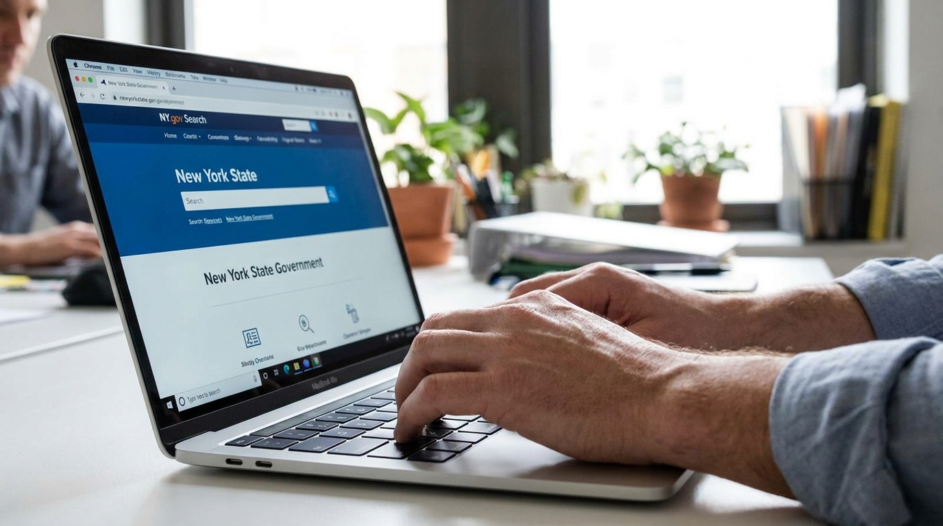 Hands typing on a laptop, displaying the New York Department of State business search page.