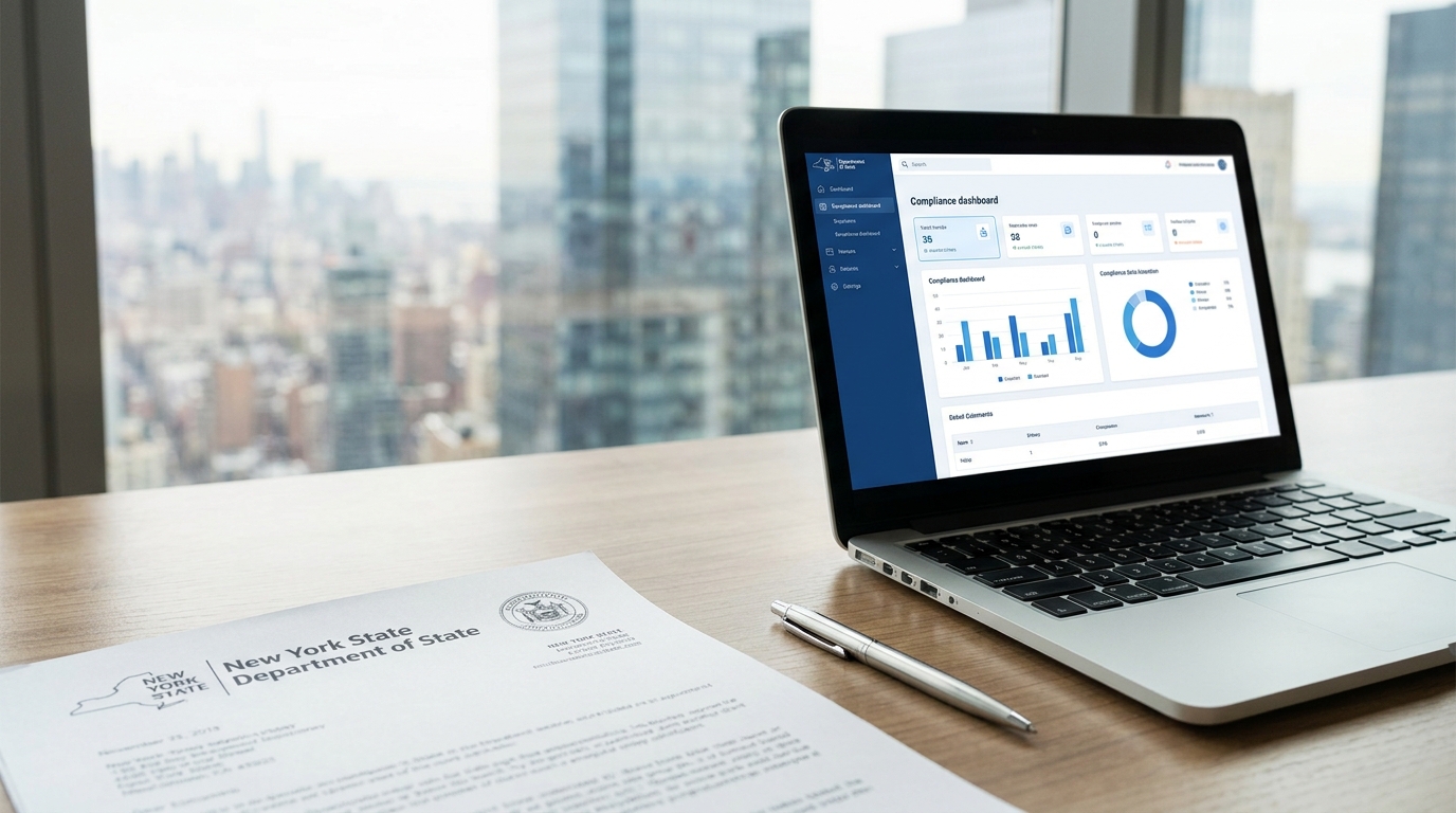 A New York Department of State document on a desk next to a laptop showing compliance software, with a blurred New York City backdrop.