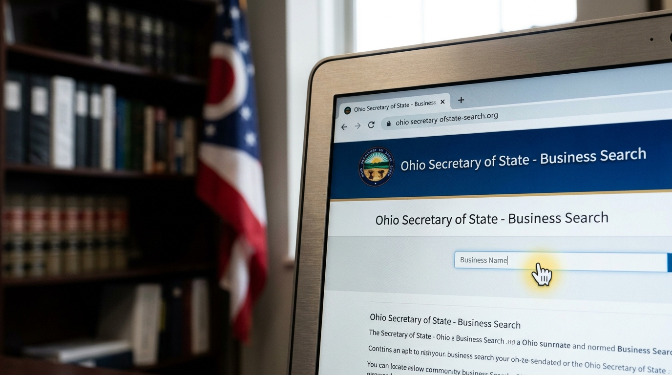 A laptop screen showing the Ohio Secretary of State's business search website, with a focus on the search bar. Legal books and an Ohio flag are softly blurred in the background.