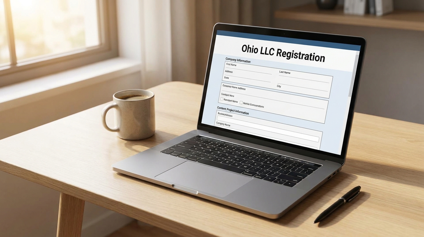 A laptop showing an Ohio LLC registration form, with a coffee cup and pen on a clean desk.
