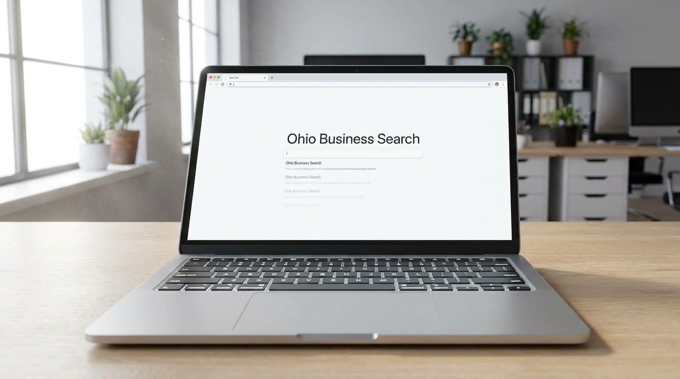 Laptop screen showing the Ohio Business Search interface with a blurred office background.