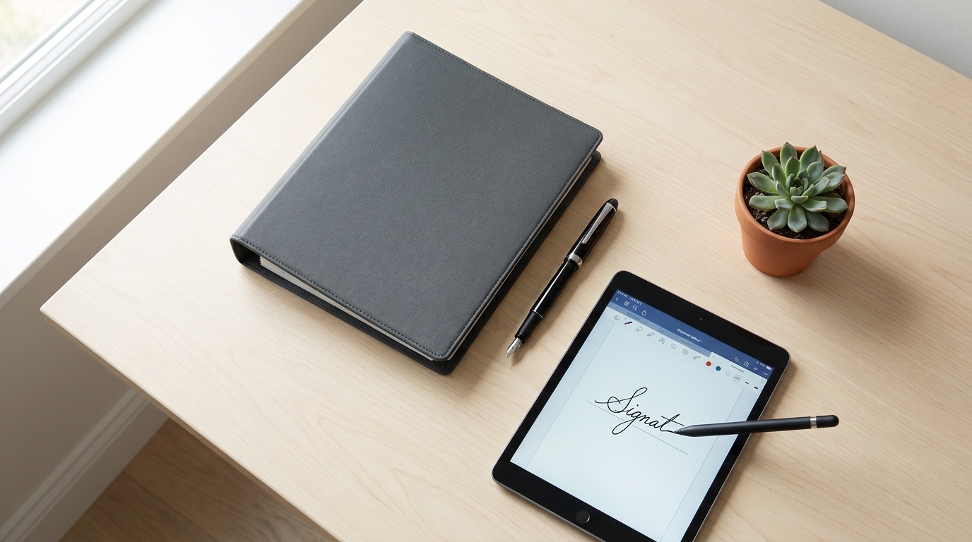 A neatly organized desk with business documents, a pen, and a tablet, symbolizing legal organization and clarity for an LLC.
