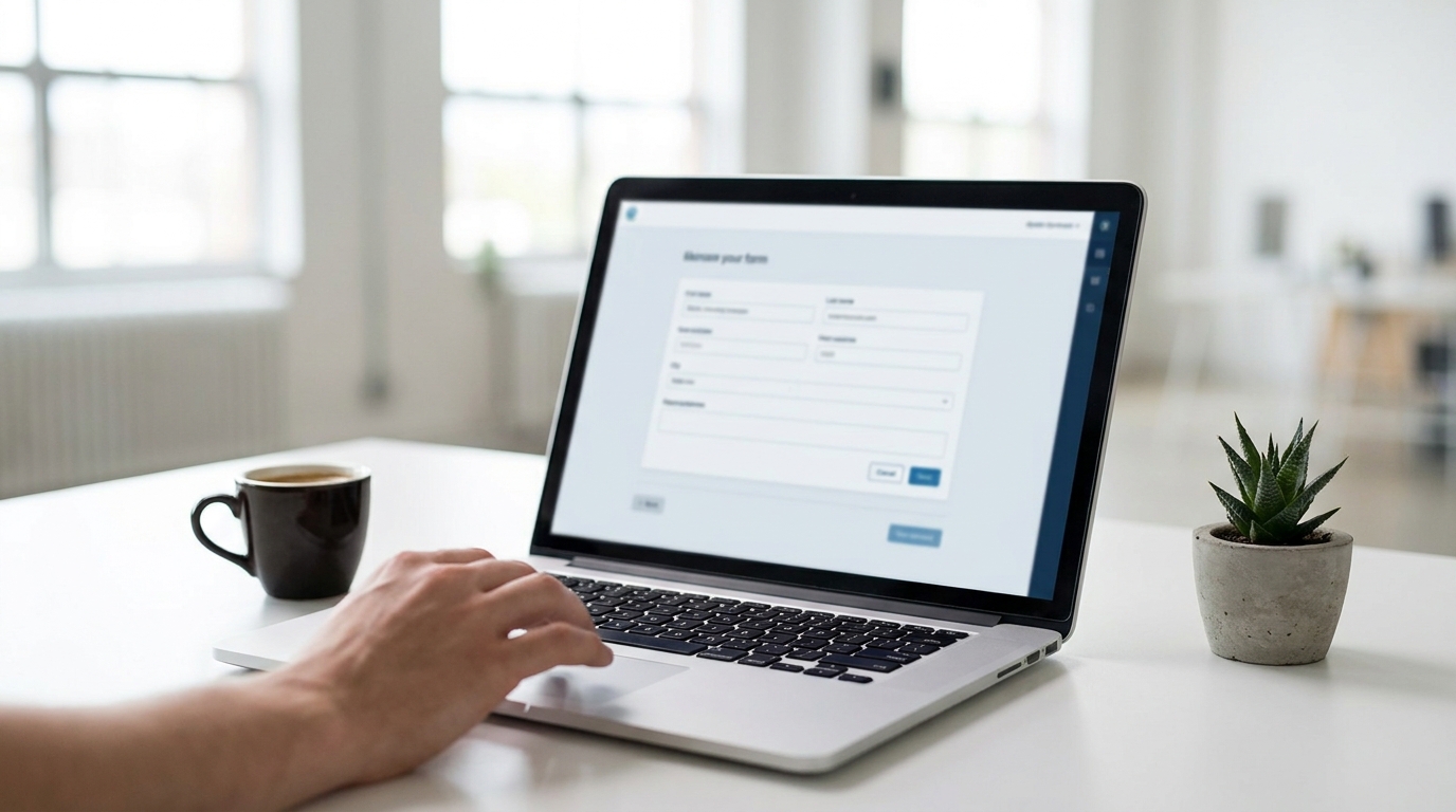A laptop screen showing a business registration interface, with a keyboard and a small plant on a clean desk, symbolizing digital business formation.