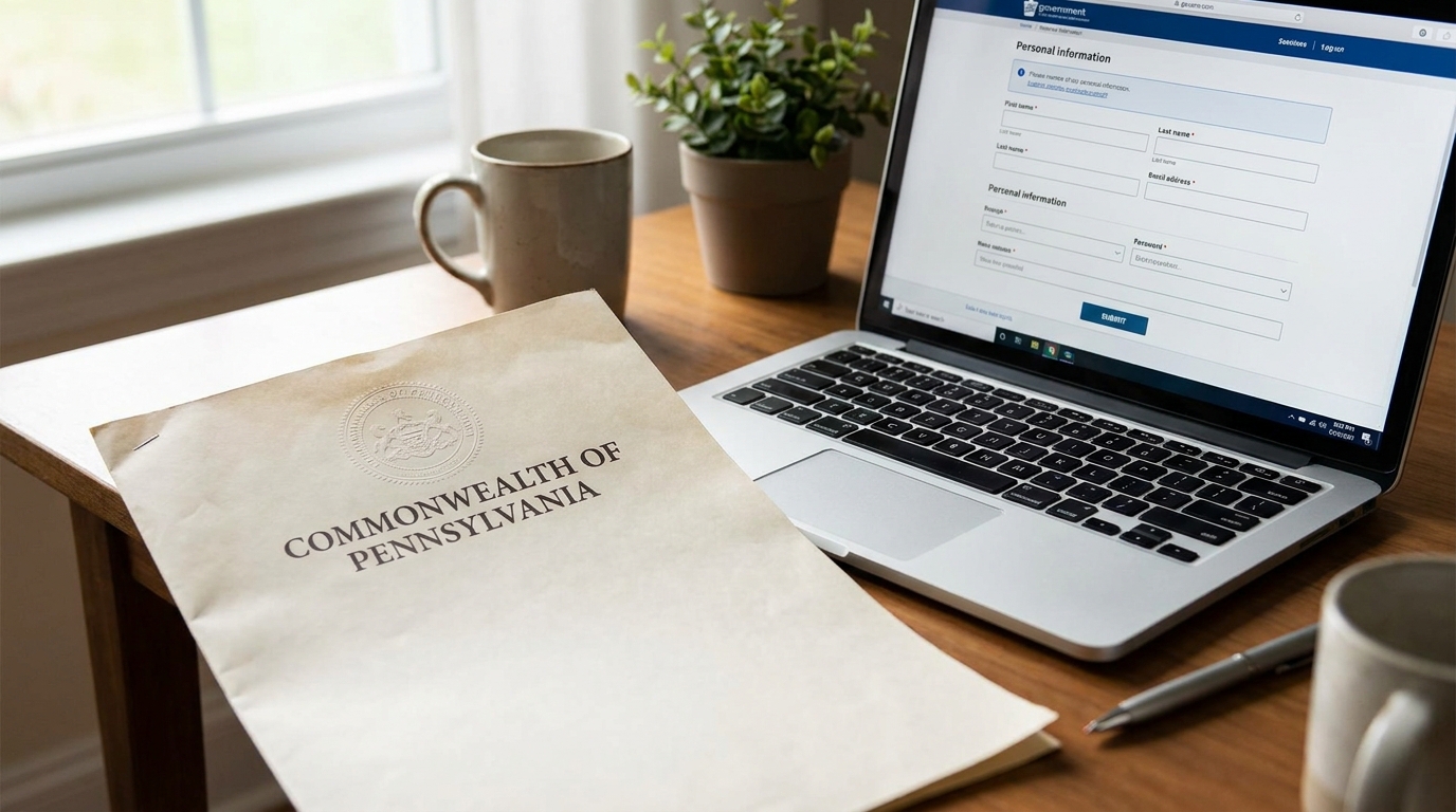 Official Pennsylvania document open next to a laptop displaying a digital filing form, symbolizing state compliance and digital business management.