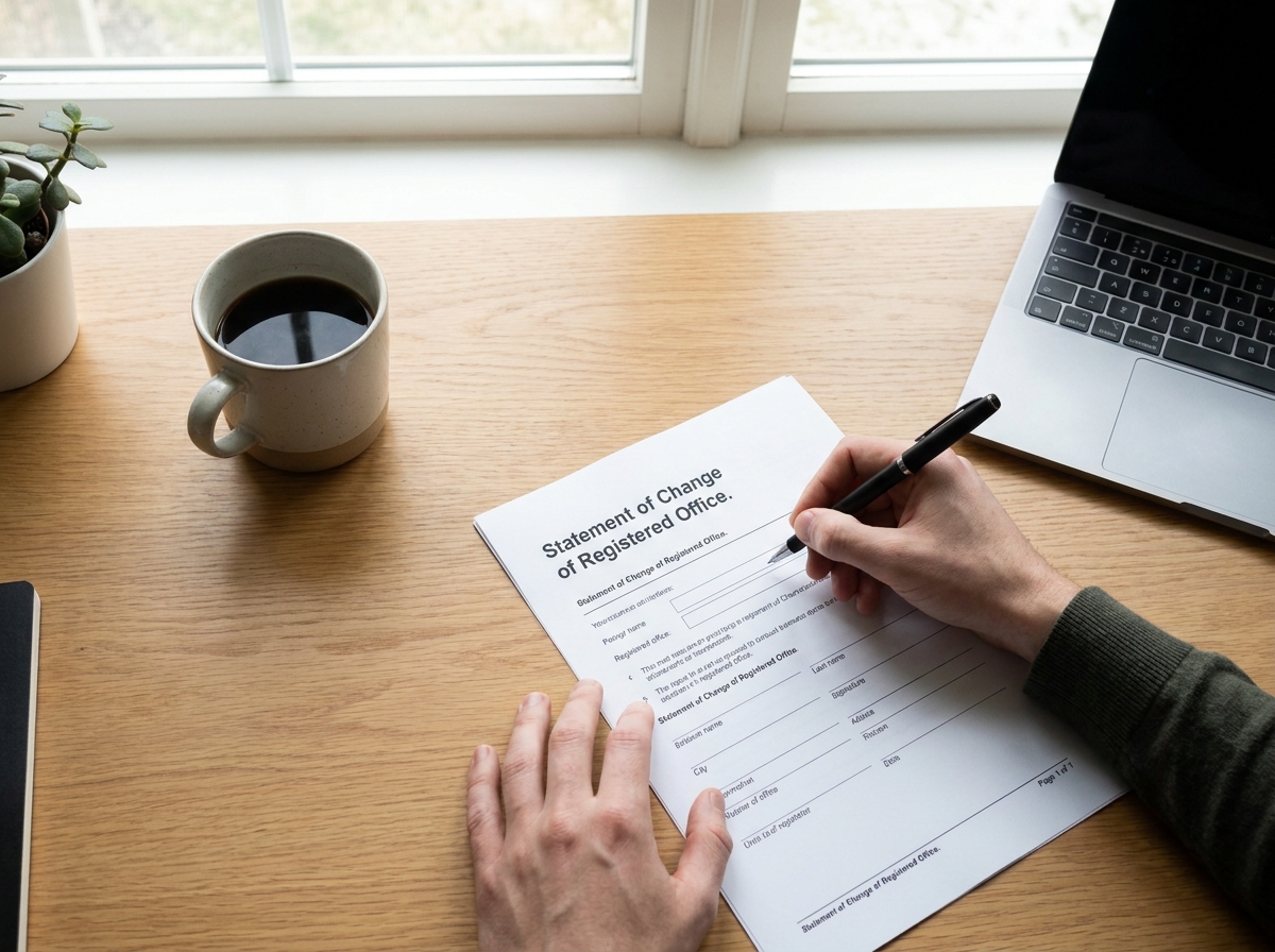 A person's hands filling out the Pennsylvania Statement of Change of Registered Office form on a desk.