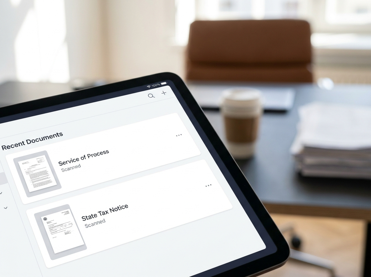 A secure digital dashboard on a tablet showing scanned legal documents for a business.