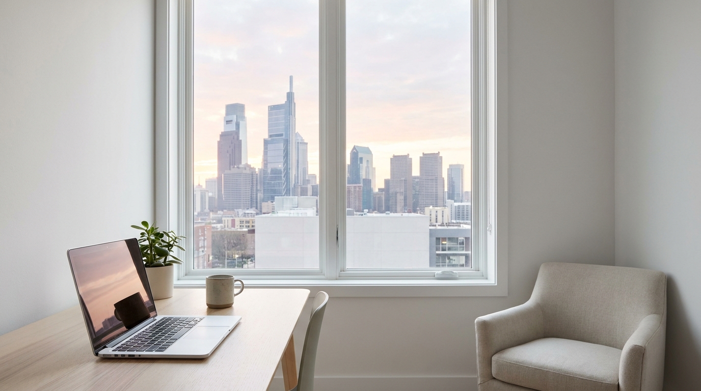 A modern office overlooking the Philadelphia skyline, representing business operations in Pennsylvania.