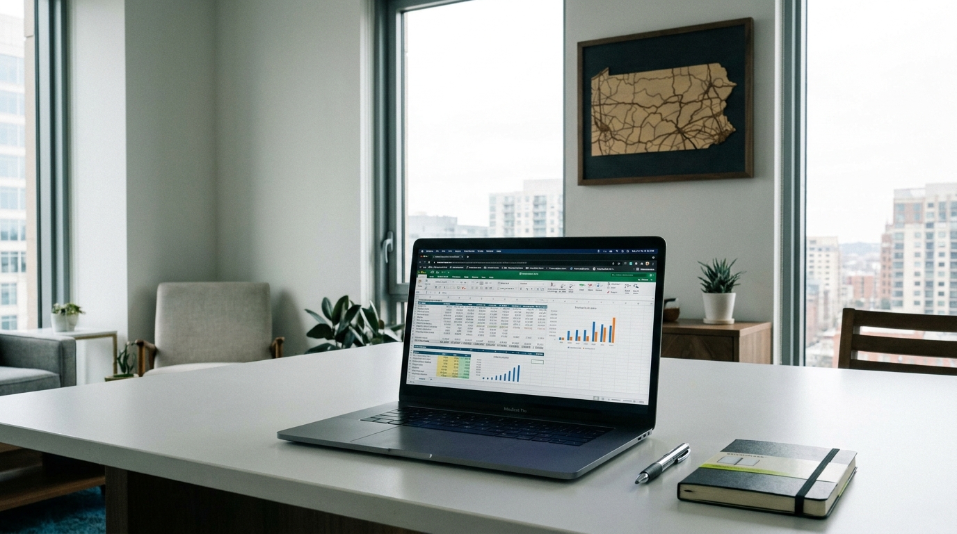 A modern desk with a laptop displaying financial data and a map of Pennsylvania, symbolizing business formation and tax planning.
