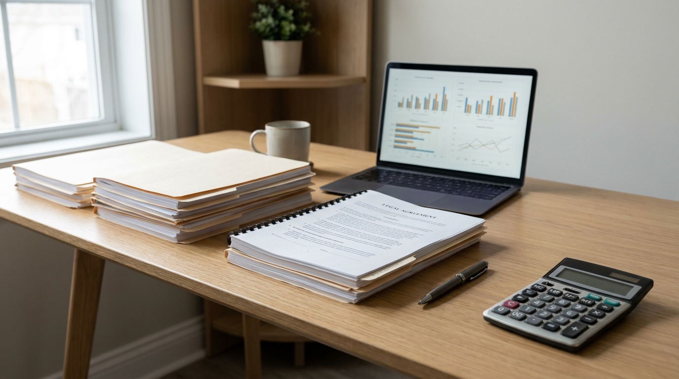 Overhead view of a professional's desk with legal documents, a calculator, and a laptop showing business analytics, symbolizing careful entity structure selection.