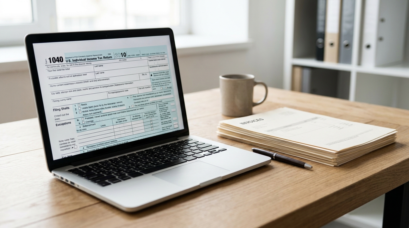 Laptop screen showing an IRS tax form, surrounded by business documents and a pen on a clean, modern desk.