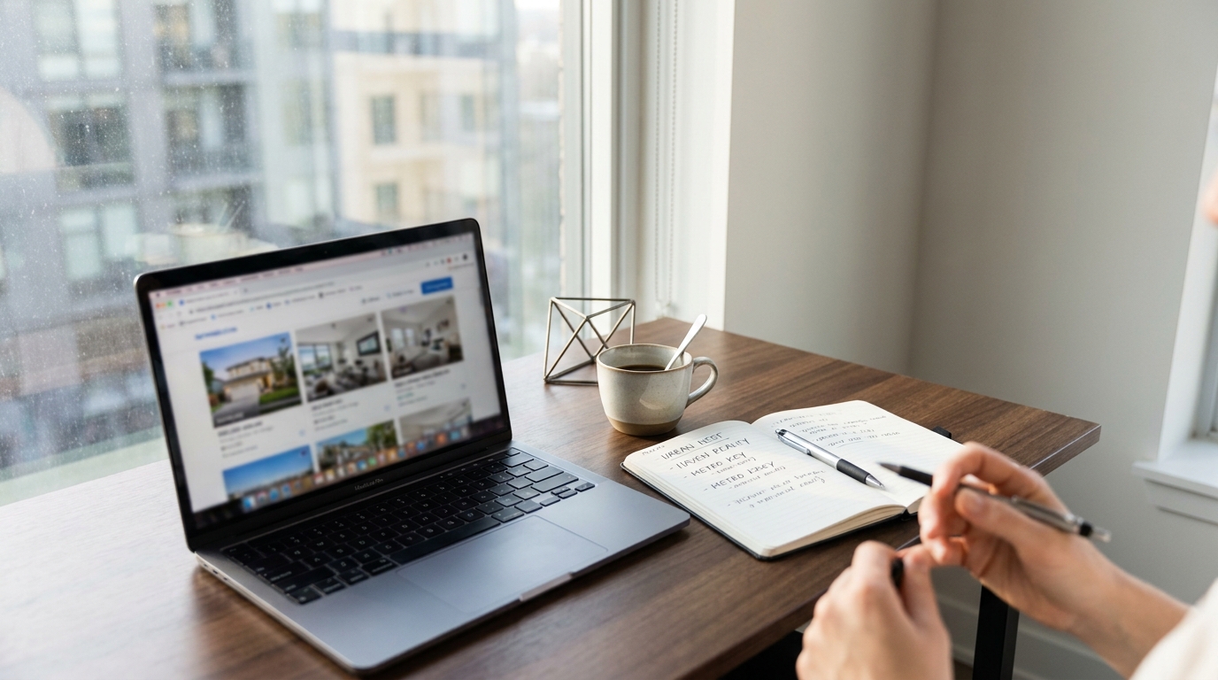 A laptop displaying real estate listings, a notebook filled with LLC name ideas, and a pen on a modern desk, symbolizing the thoughtful process of naming a real estate business.