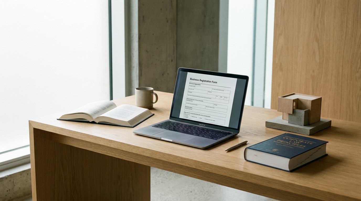 A laptop showing an LLC registration form, legal books, and a miniature house model on a clean desk, symbolizing real estate business formation.