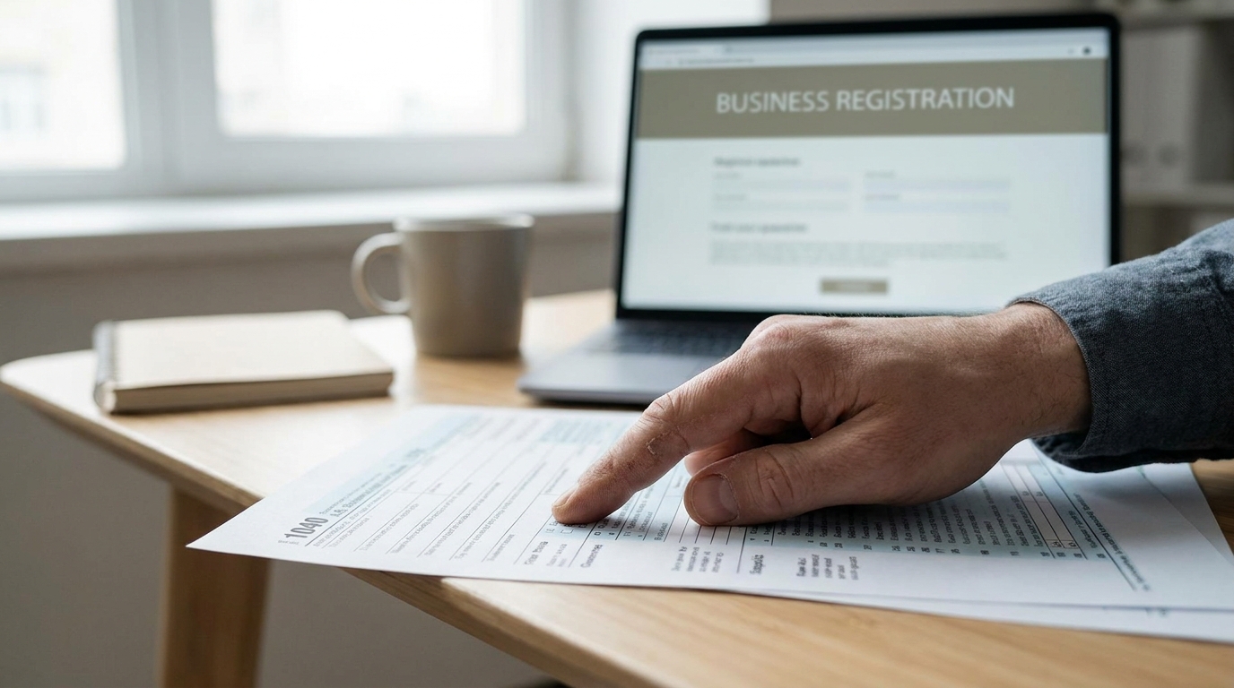 A hand indicating a section on an IRS form, with a laptop in the background showing an online EIN application portal.