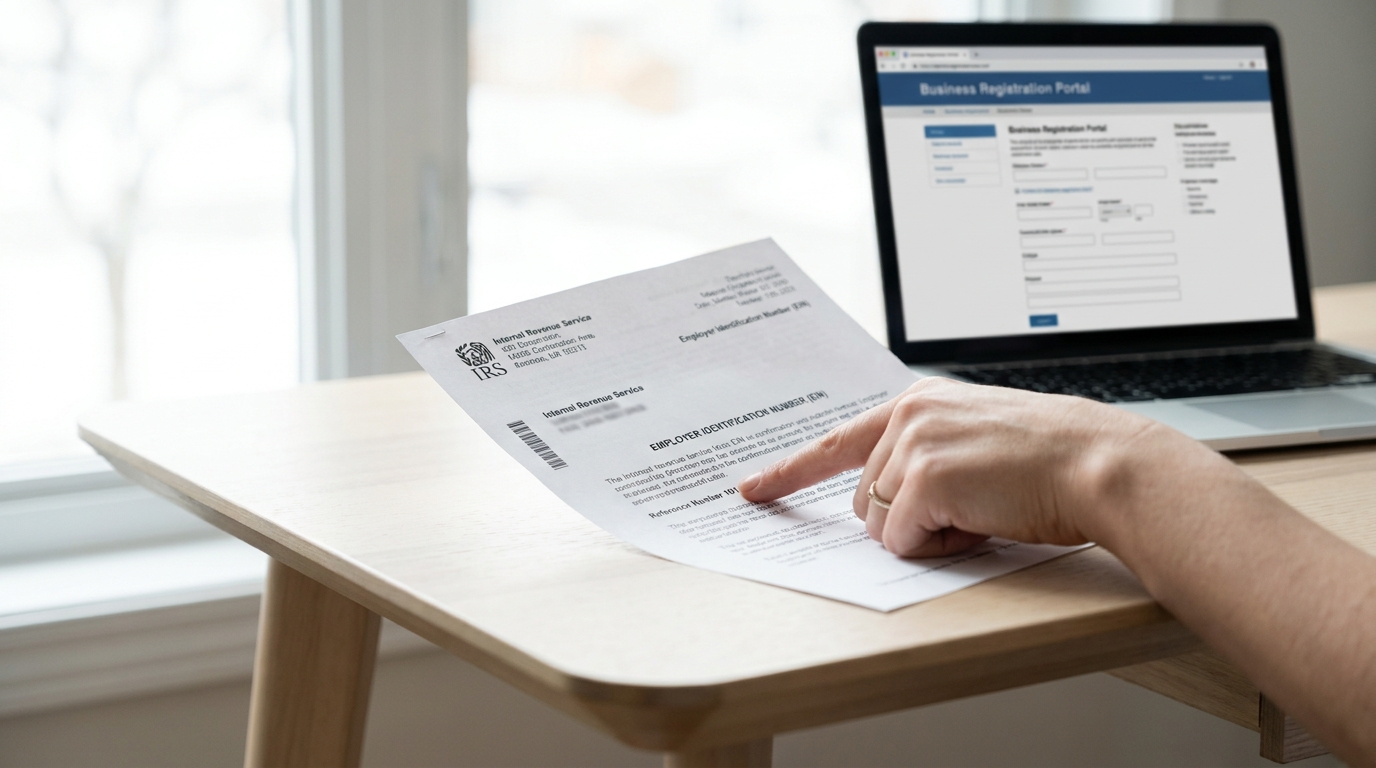 A close-up of an IRS EIN confirmation letter with 'Reference Number 101' highlighted, on a desk with a laptop displaying business formation information.