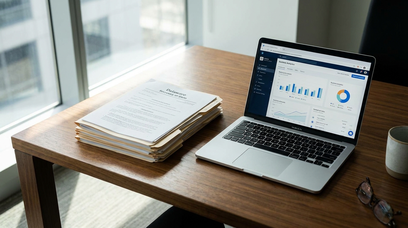 A stack of official Delaware business registration documents and a laptop on a modern desk, symbolizing corporate formation.