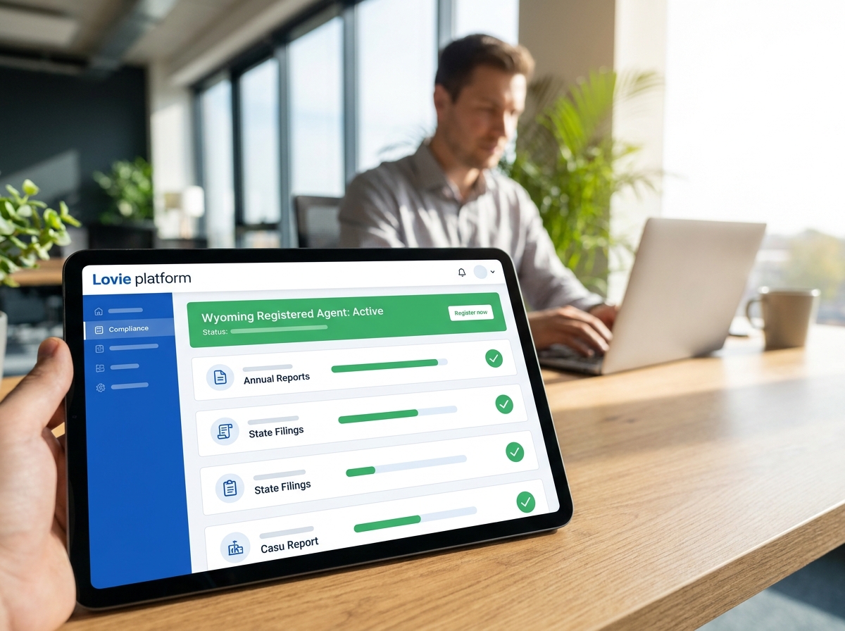 A clean, modern user interface of the Lovie platform on a tablet, showing a compliance dashboard with green checkmarks, indicating successful registered agent status for a Wyoming business. In the background, a person is working efficiently on a laptop in a well-lit, minimalist office. The focus is on ease of use and automated compliance.
