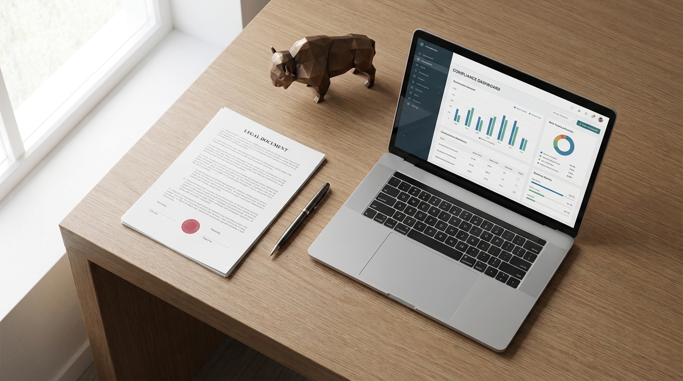 Overhead view of a Wyoming business registration document, a pen, a laptop, and a small bison figurine, symbolizing legal compliance and state identity.