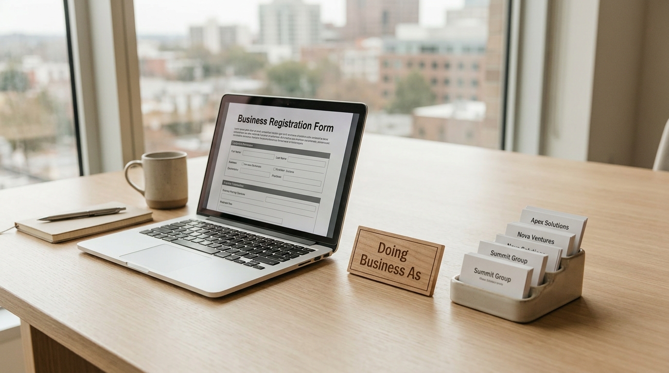 A modern desk with a laptop showing a DBA registration form, business cards, and a 'Doing Business As' sign, symbolizing brand expansion.