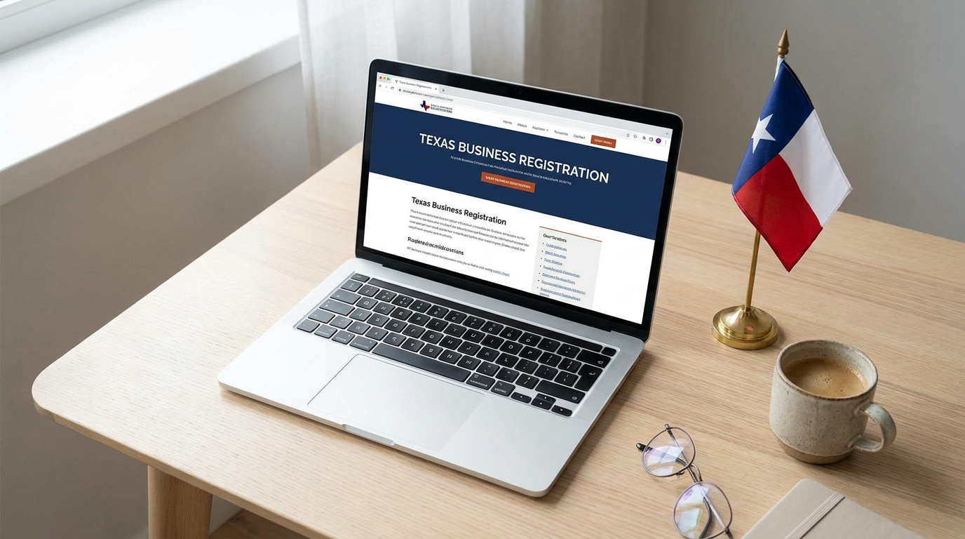 Overhead view of a desk with a laptop showing LLC registration, a small Texas flag, and a coffee cup.
