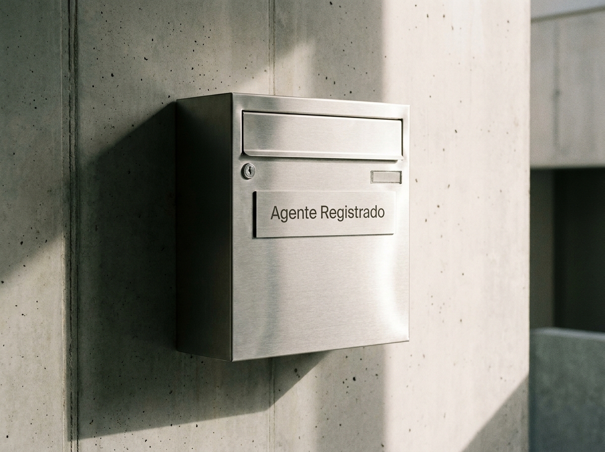 Un moderno buzón de oficina de acero cepillado con la etiqueta 'Agente Registrado', que simboliza la recepción de documentos oficiales.