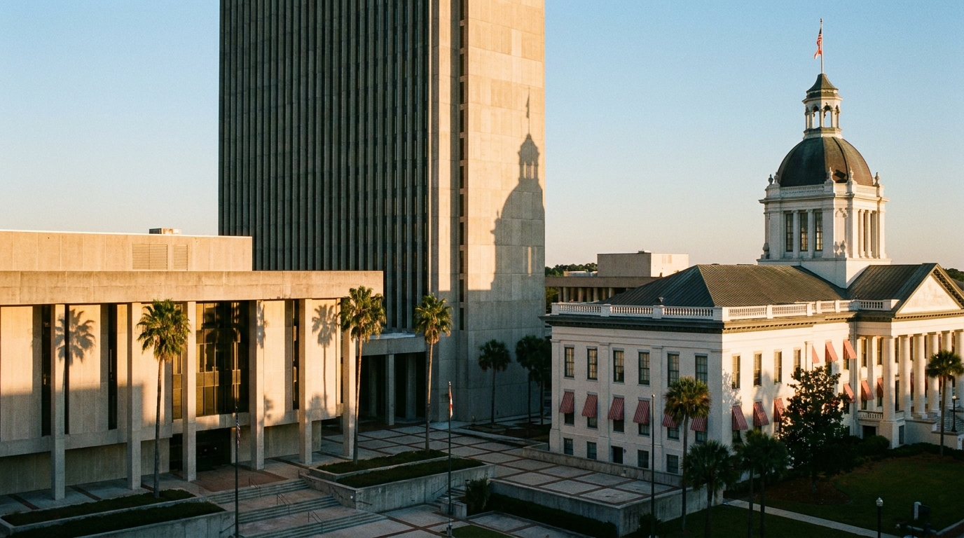 El Capitolio del Estado de Florida, donde se registran las LLC, bañado por la luz del atardecer.