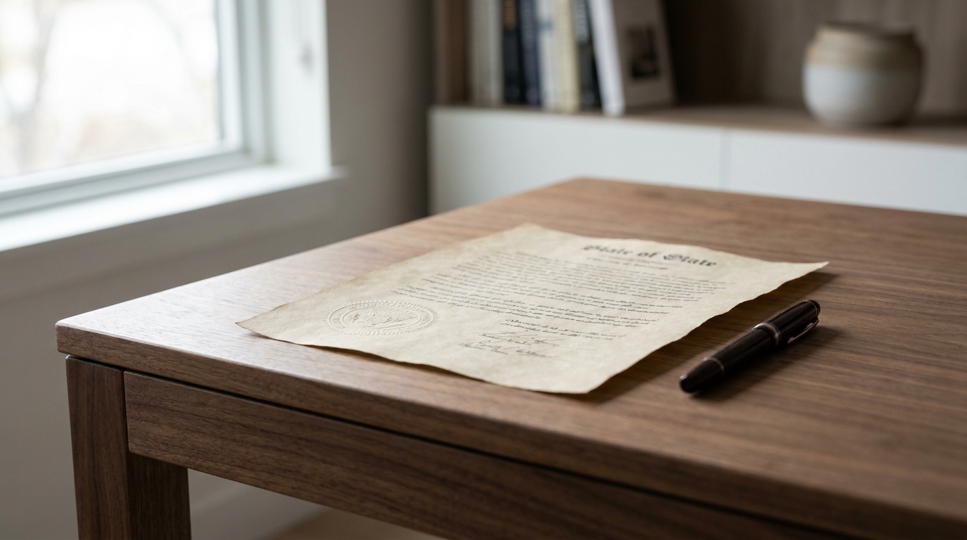 A Rhode Island Certificate of Good Standing document with a state seal, on a desk with a pen.