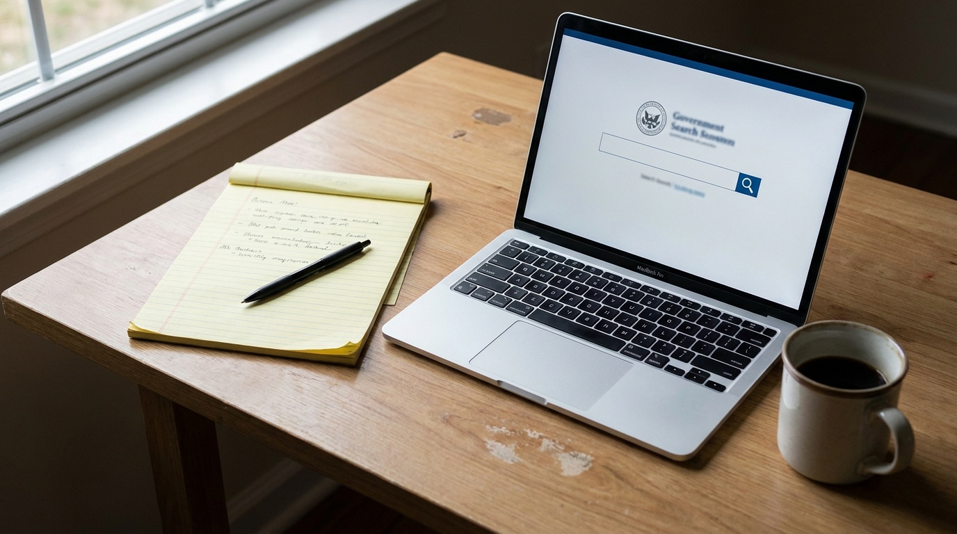 Desk with a legal pad, pen, and laptop open to the Arkansas Secretary of State business search page.