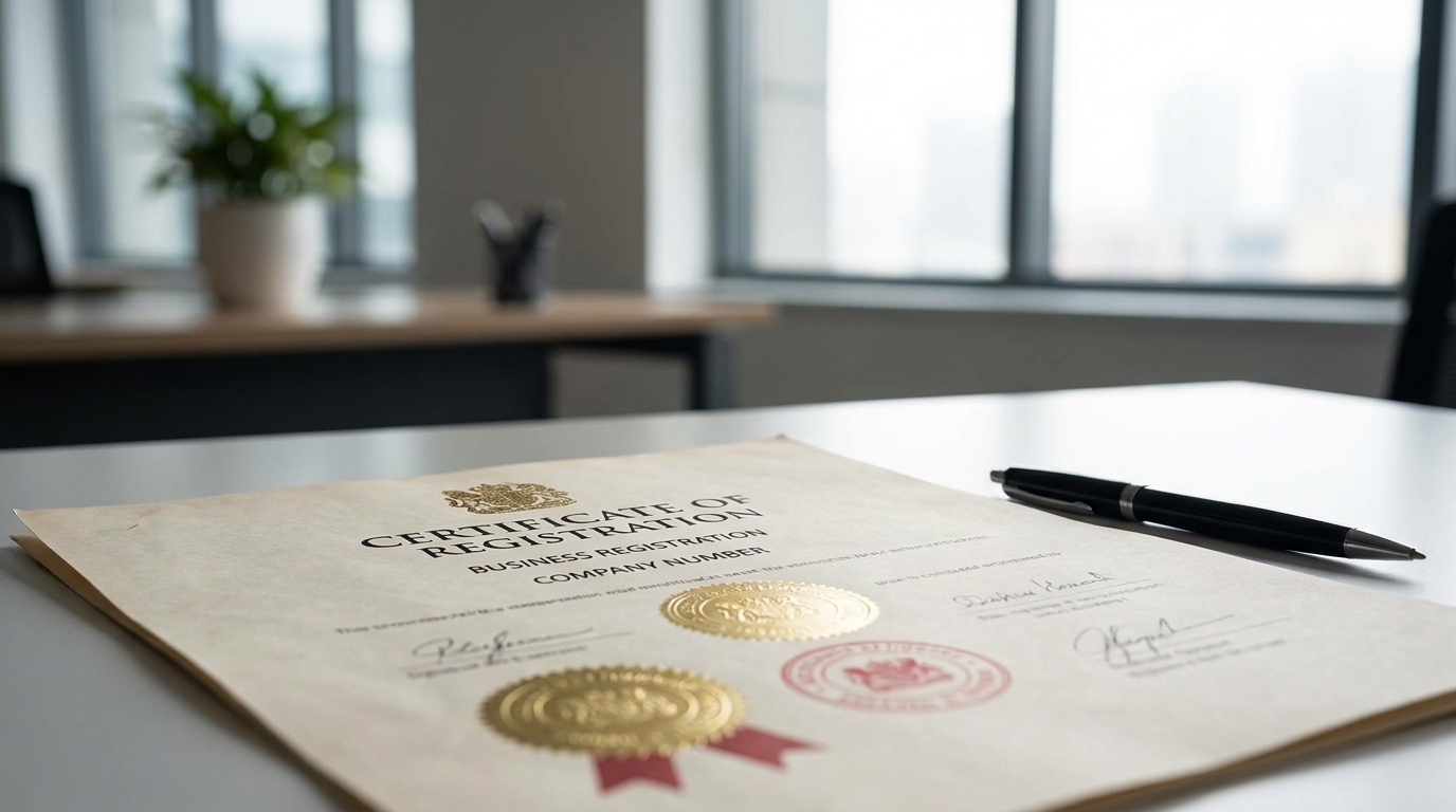 Official Kentucky business registration document with seals and legal text, set against a modern office background.