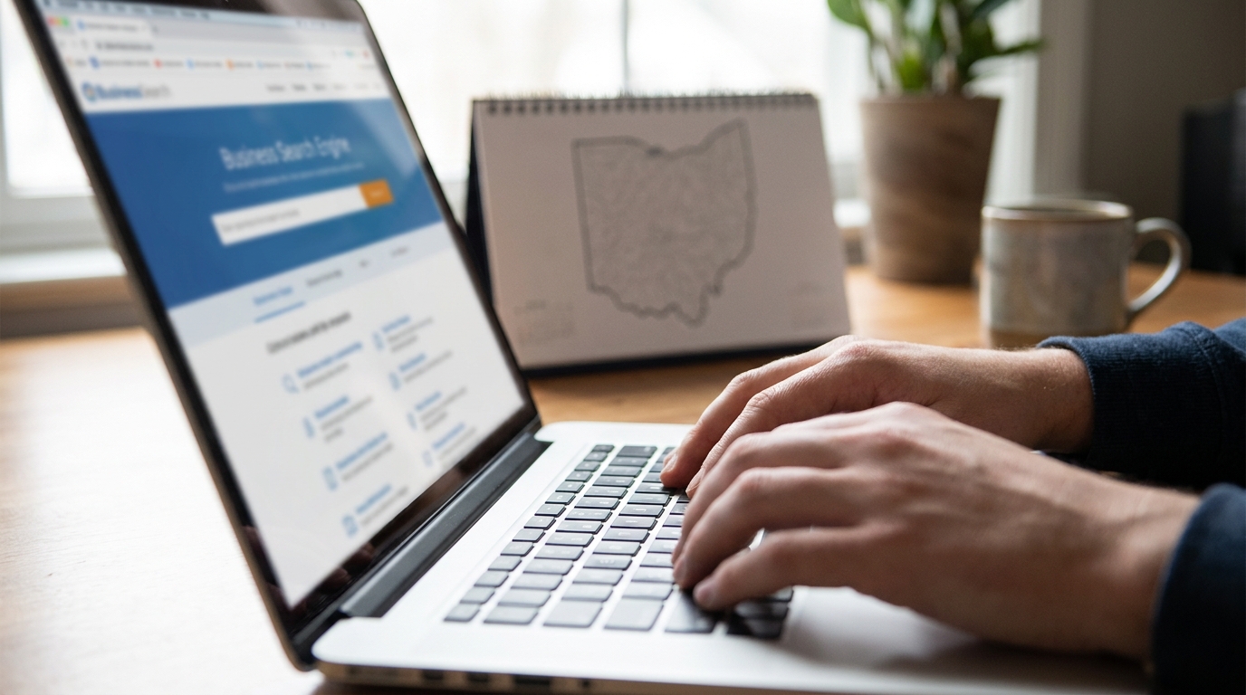 Hands typing on a laptop, performing an online business search for the Ohio Secretary of State. A calendar with an Ohio map is in the background.