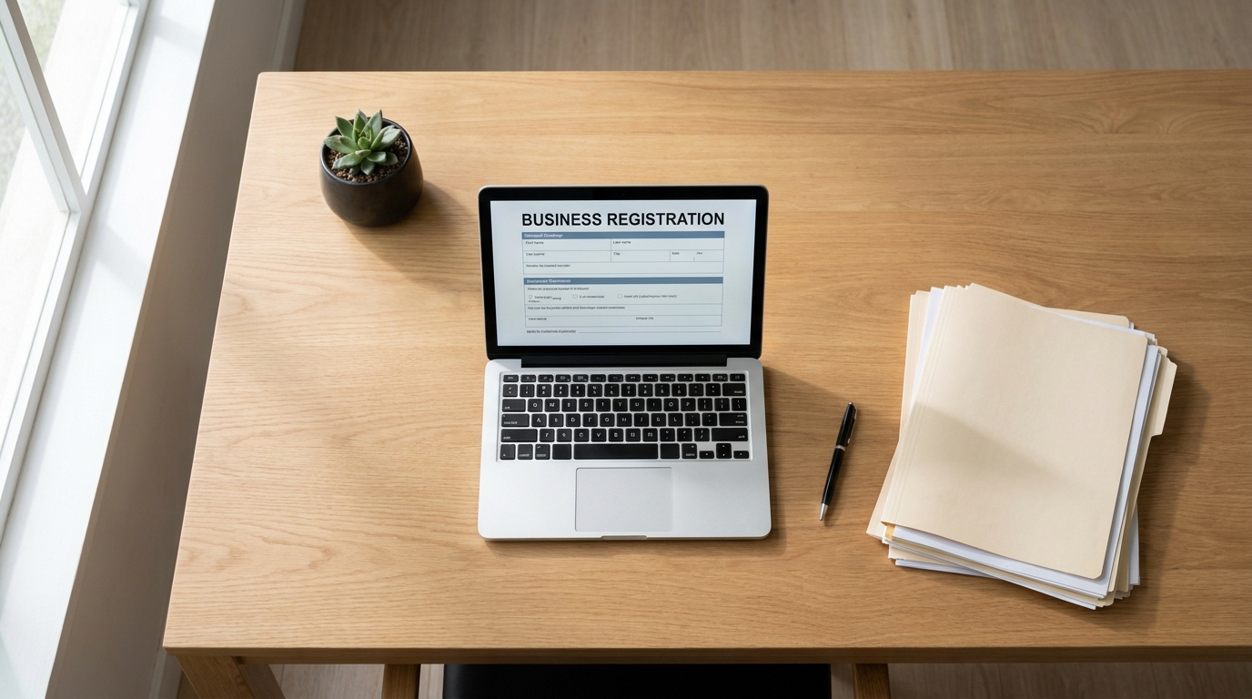 Desk with laptop displaying LLC formation documents, a pen, and a plant, symbolizing the process of setting up a business in Texas.