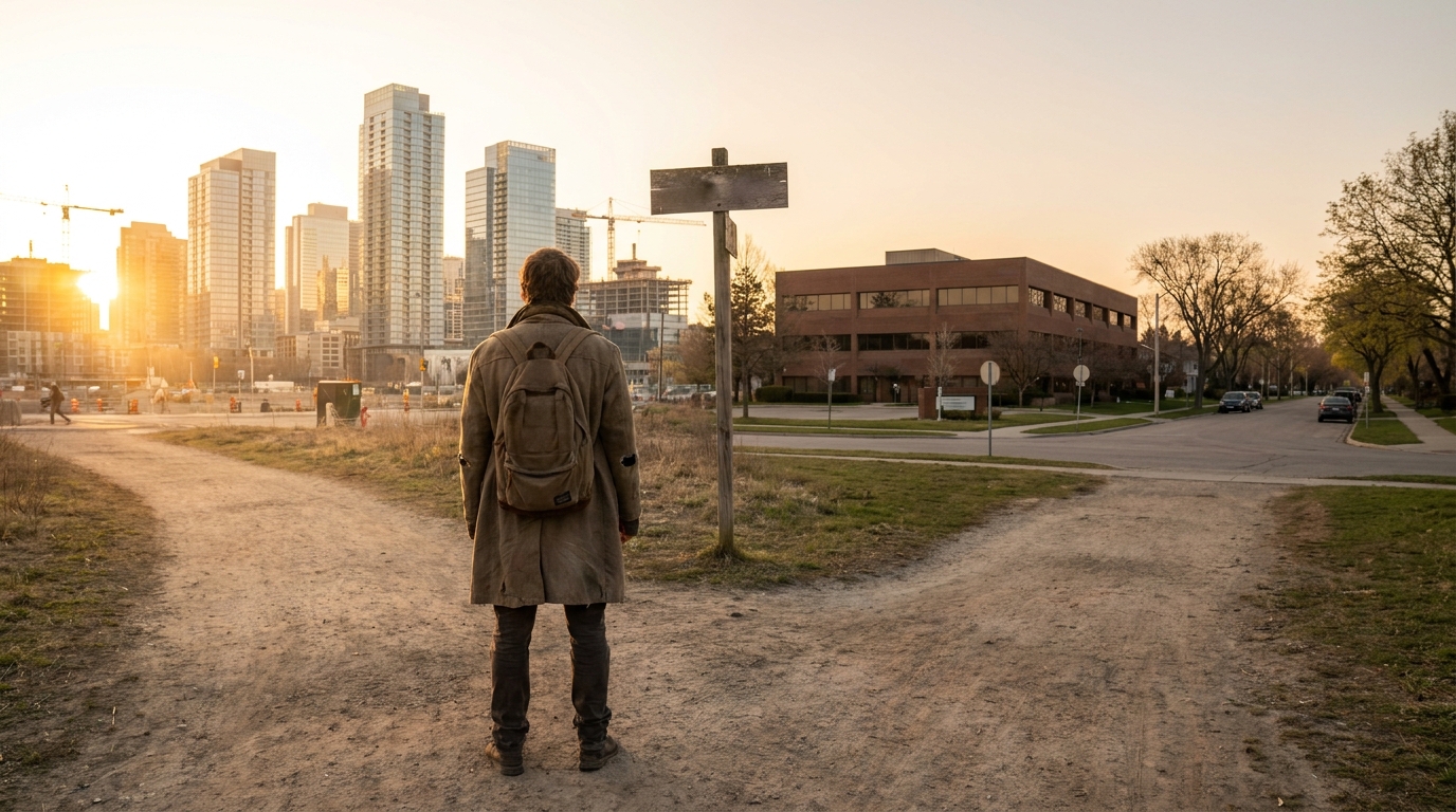A person standing at a crossroads, contemplating two divergent paths: one towards a dynamic city skyline representing entrepreneurship, and the other towards a stable suburban office environment representing traditional employment.