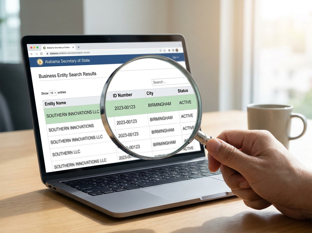 A magnifying glass hovering over a list of business names and their statuses on a computer screen, highlighting the 'Active' status. The background is a blurred office environment.