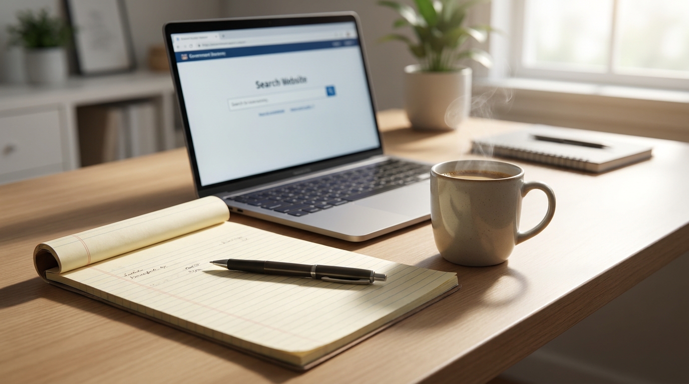 A laptop displaying a business search website, a legal pad, and a pen on a clean, modern desk.
