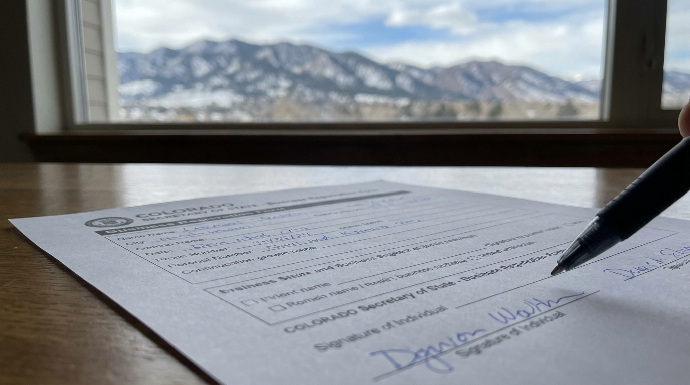 Colorado Secretary of State business registration form with a pen, set against a blurred background of the Rocky Mountains.