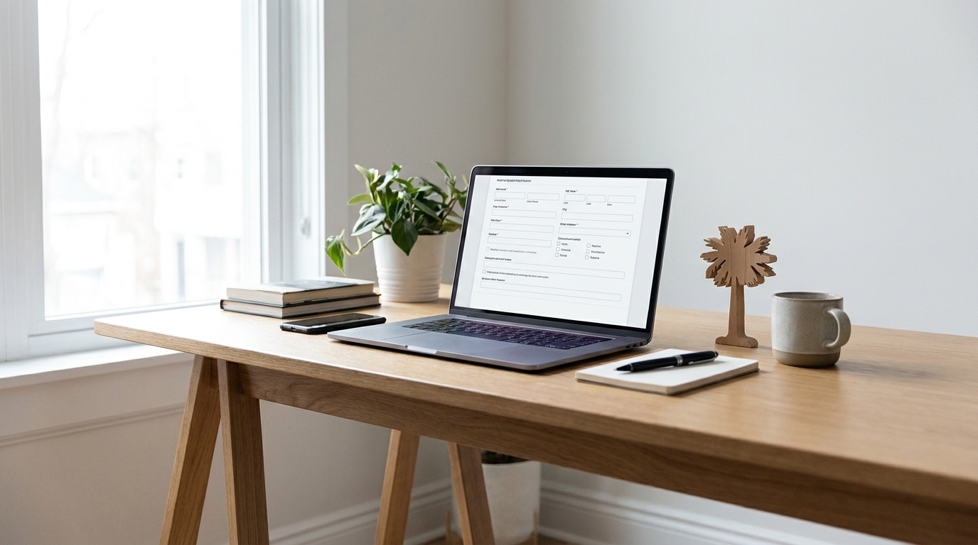 A desk with a laptop showing a South Carolina business form, symbolizing annual report filing.