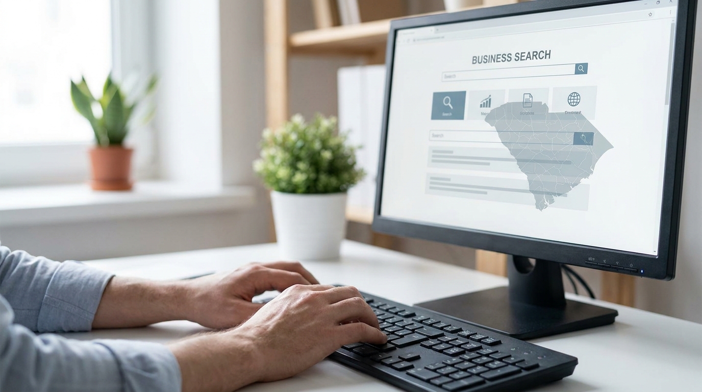 Computer screen showing a business entity search page with a South Carolina map overlay, hands on keyboard.
