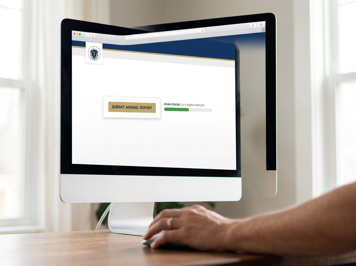 A digital representation of a South Dakota government website's online filing portal for annual reports, with a 'Submit' button highlighted.