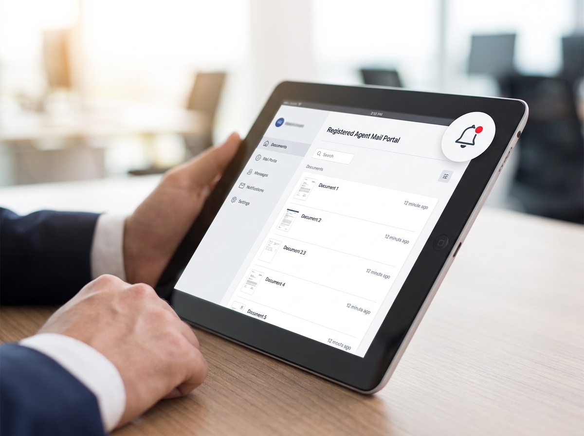 A close-up of a professional registered agent service's digital dashboard showing received legal documents and notifications, emphasizing efficiency.
