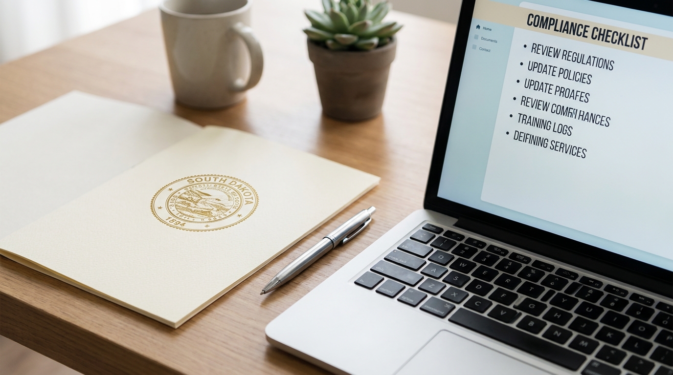 A South Dakota state seal document on a desk next to a laptop and pen, symbolizing business compliance.