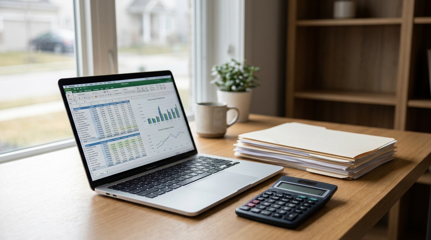 A clean desk with a laptop showing a financial spreadsheet, a calculator, and stacked business documents, illustrating business finance and tax planning.
