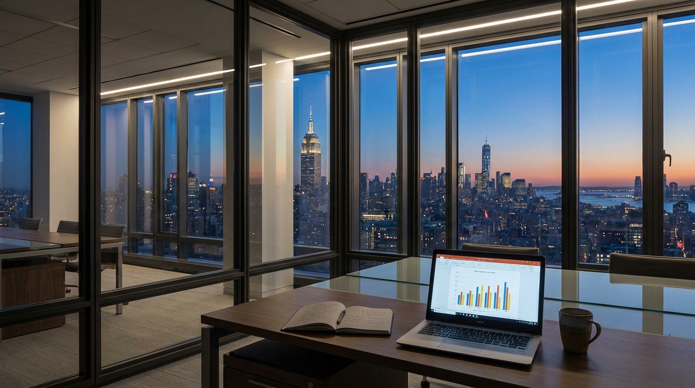 Modern office with NYC skyline at dusk, a laptop on a minimalist desk displaying business charts.
