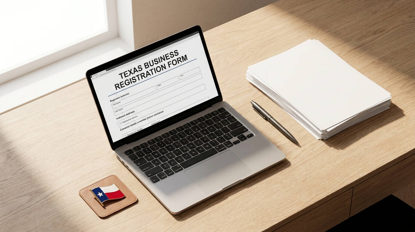 A desk with a laptop showing business forms, a Texas flag pin, and documents, symbolizing Texas LLC formation.