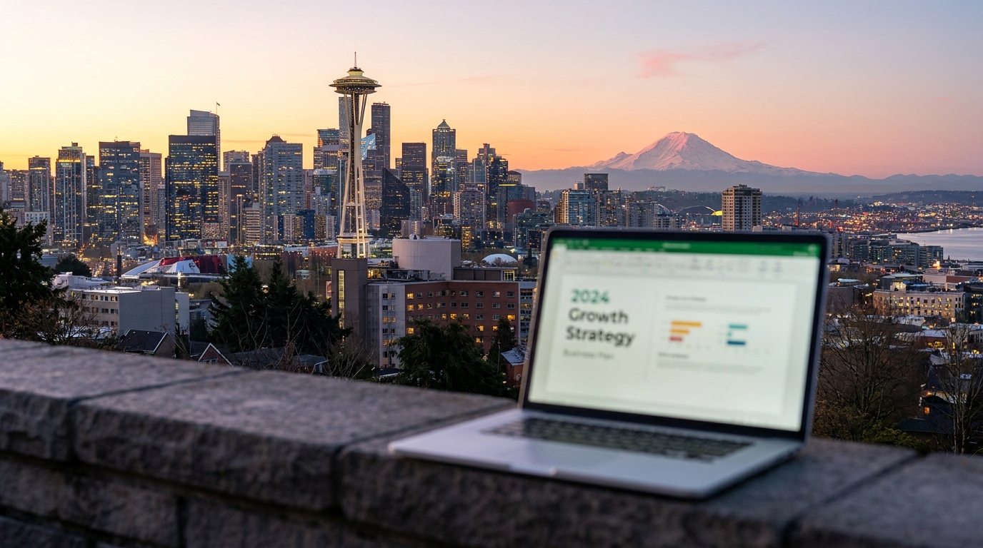 Seattle skyline at dawn with Mount Rainier, symbolizing business opportunities in Washington State.