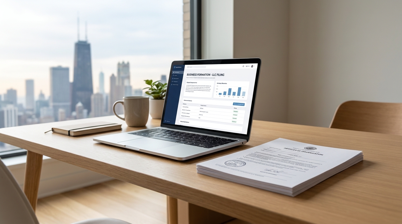 Laptop on a desk with business formation documents and a blurred Chicago skyline in the background, symbolizing Illinois LLC formation.
